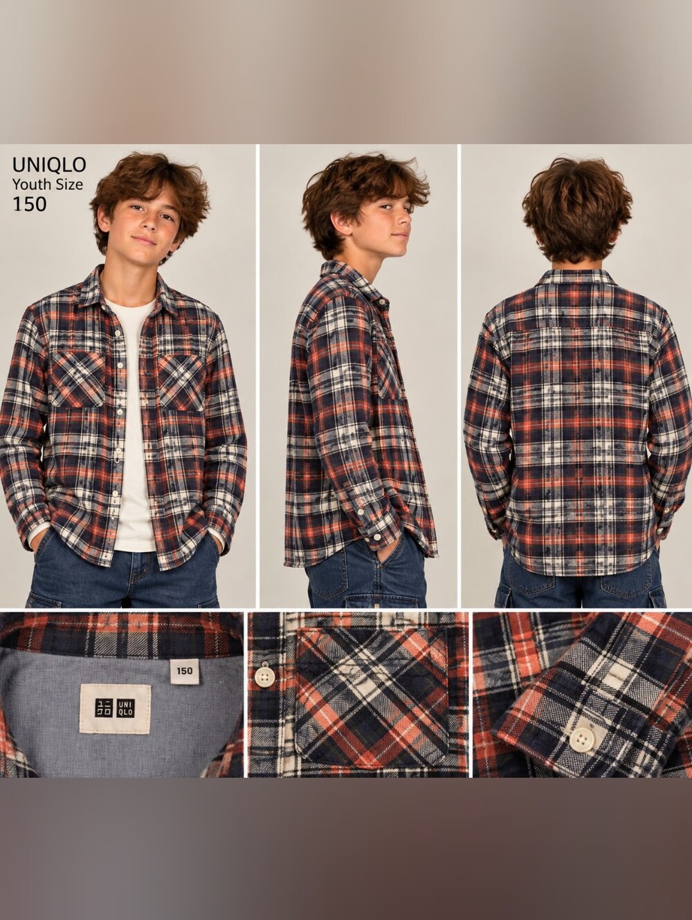 Uniqlo Boy's Youth Plaid Shirt in Navy, Rust & White